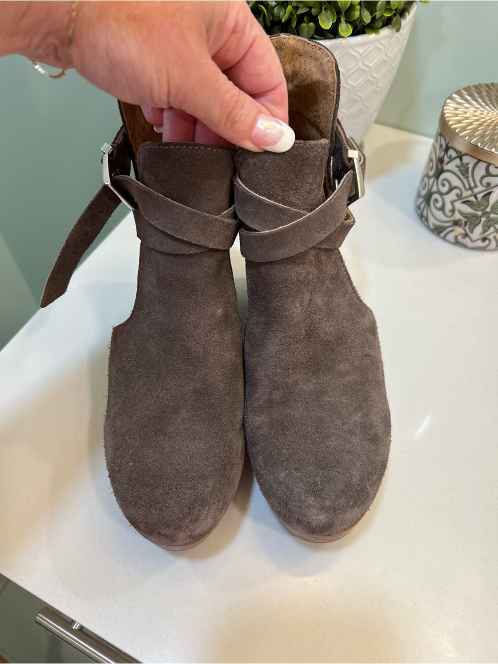Free People Suede Cedar Clog Ankle Boots Olive Green/Grey with Buckle Strap